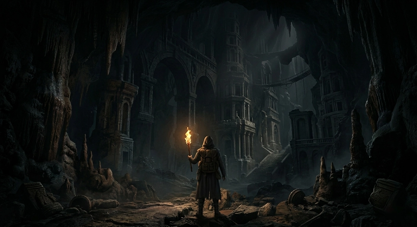 Un viandante con torcia esplora antiche rovine sotterranee